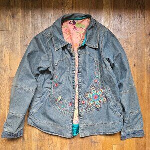 Vintage Y2K pop art jean jacket multicolor floral embroidery nature maximalism M
